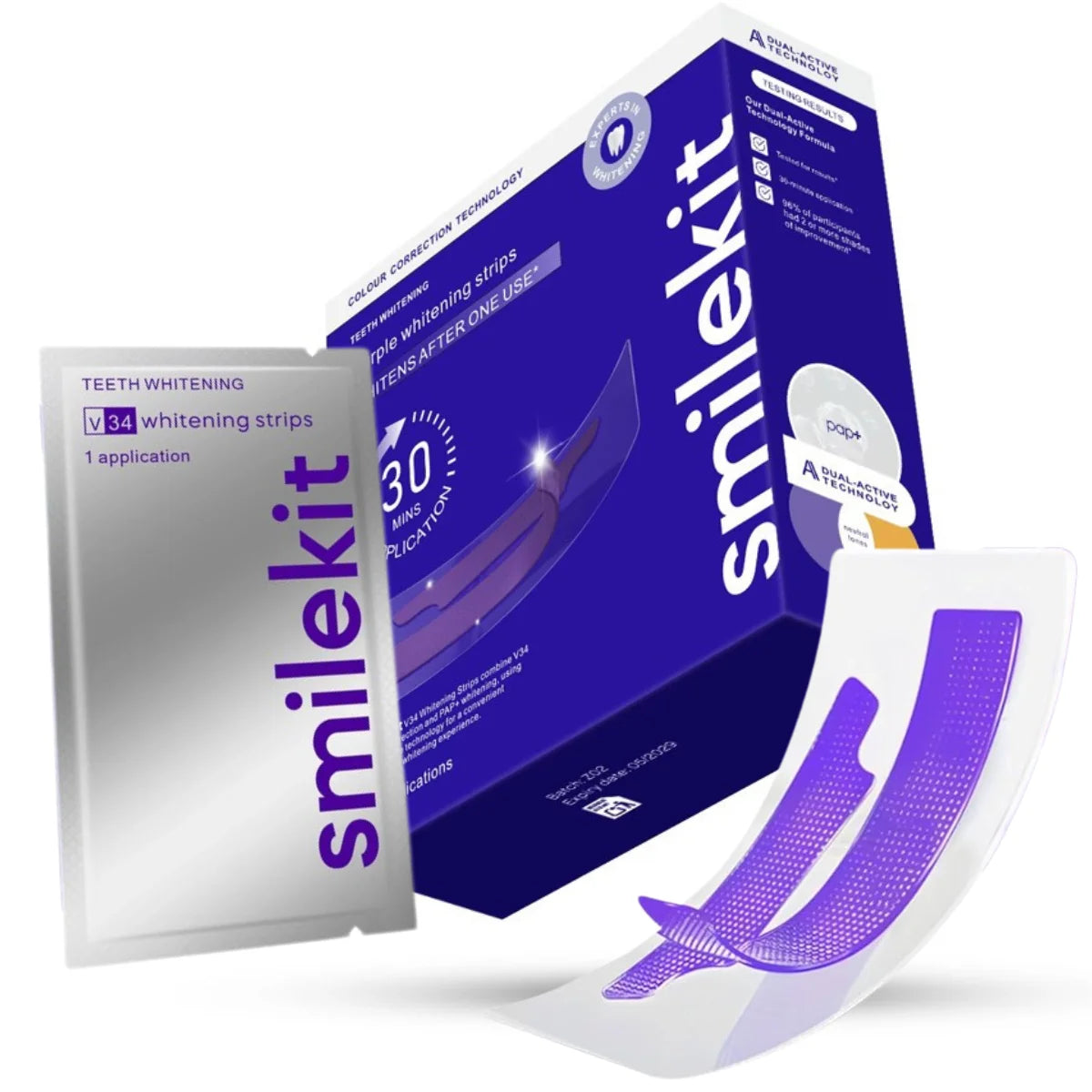 SmileKit® purple teeth whitening strips pack and flexible strips, product photo 4